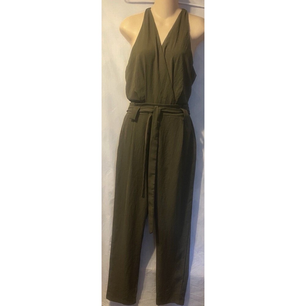 LULU'S In the City Olive Green Surplice Front Sleeveless Jumpsuit size Small